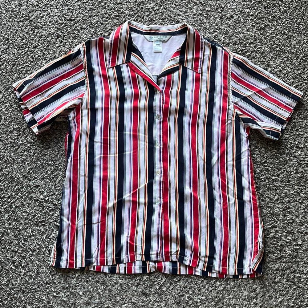 Austin Reed Vintage 100% Silk Striped Button Up Shirt Red Black White 14P